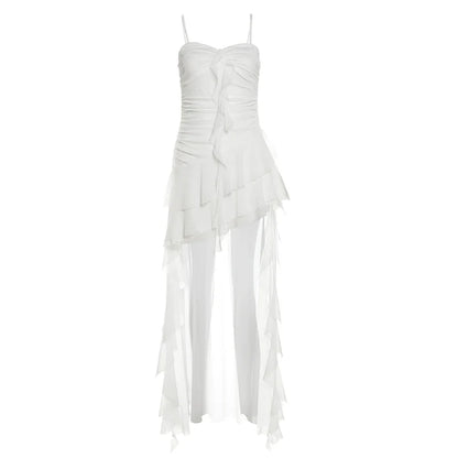 French Fairycore Ruffle-Paneled Camisole Asymmetrical Midi Dress