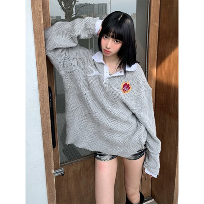 Subculture Argyle Polo Sweater Hollow Knit Layered Design Top