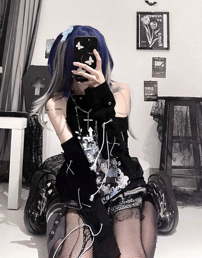 Black Y2K Punk   Hoodie with Cross Necklace