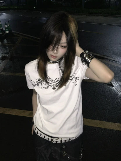 White Graphic Print Y2K T-Shirt