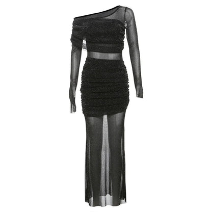 French Luxury Sheer Lustrous Silk Ruched Fat-Hiding Slimming Maxi Dress