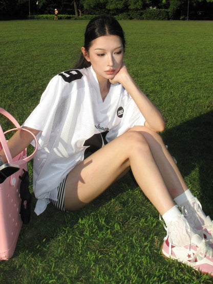 American Retro V-Neck Mesh Jersey Tee Summer Oversized Sporty Top