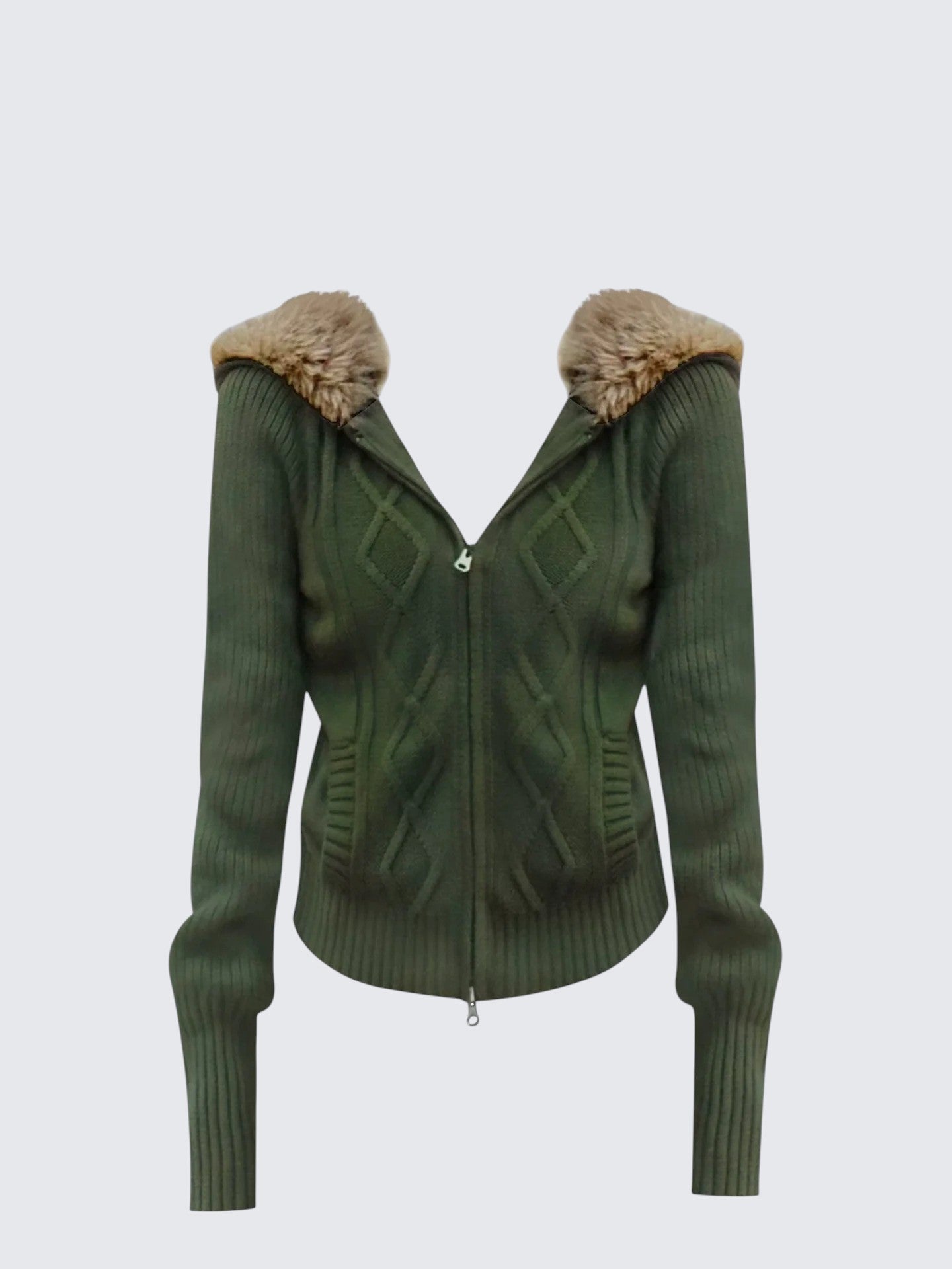 Korean Olive Hooded Fur Collar Cardigan