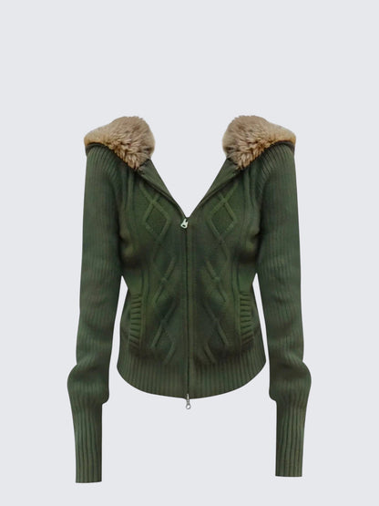 Korean Olive Hooded Fur Collar Cardigan