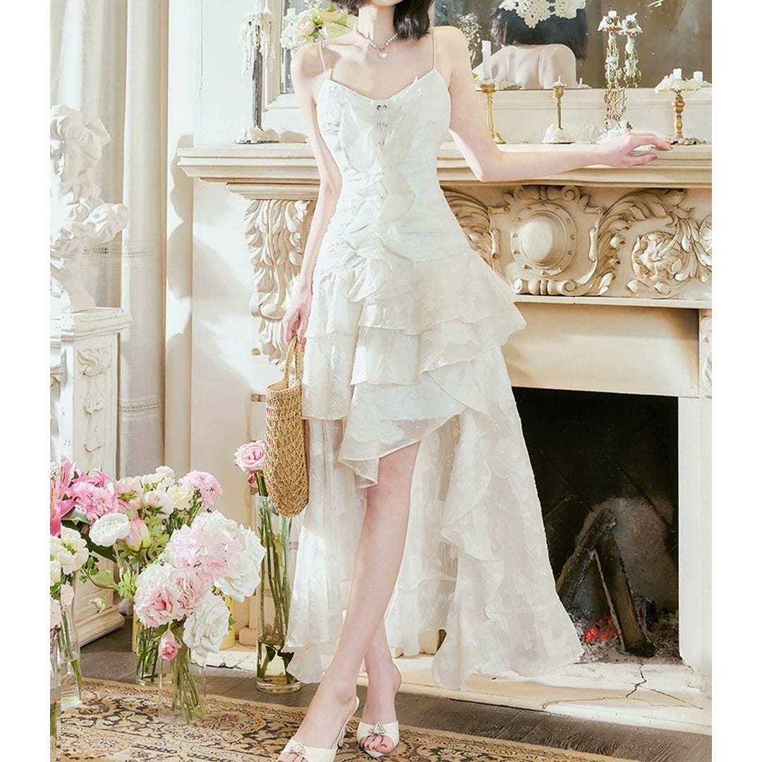 French Asymmetrical Jacquard Drawstring Gown Dress