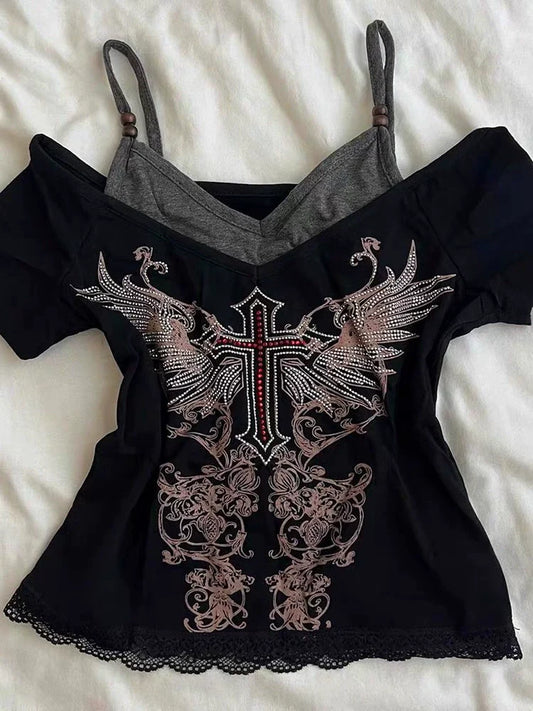Black Fake Two-Piece Top Subculture Y2K E-girl Abi Vintage Cross Rhinestone Short Sleeve Top