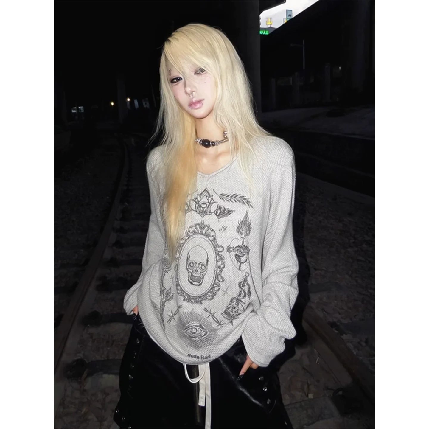 Y2K Grey Skull Print V-Neck Sweater Punk Visual Kei Loose Knit Top