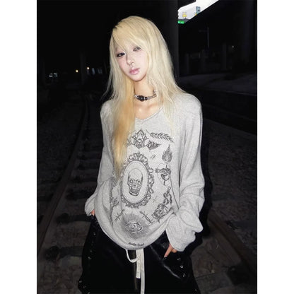 Y2K Grey Skull Print V-Neck Sweater Punk Visual Kei Loose Knit Top