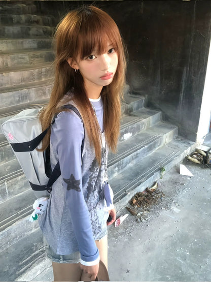 Y2K Star Girl Print Two-Piece Long Sleeve Tee Layered Vest Set