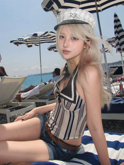 Striped Halter Neck Bustier Top