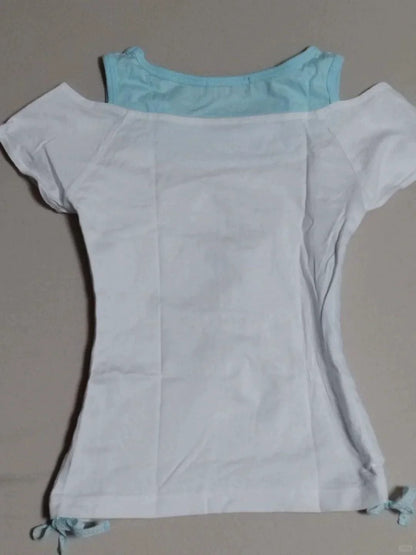 White Blue Fake Two-Piece Print Y2K T-Shirt