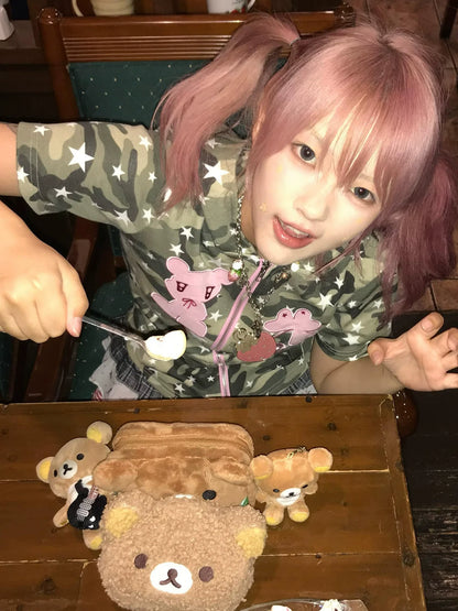 Y2K Camouflage Teddy Bear Hoodie Tee  Cropped Patch Embroidery Short Sleeve Top