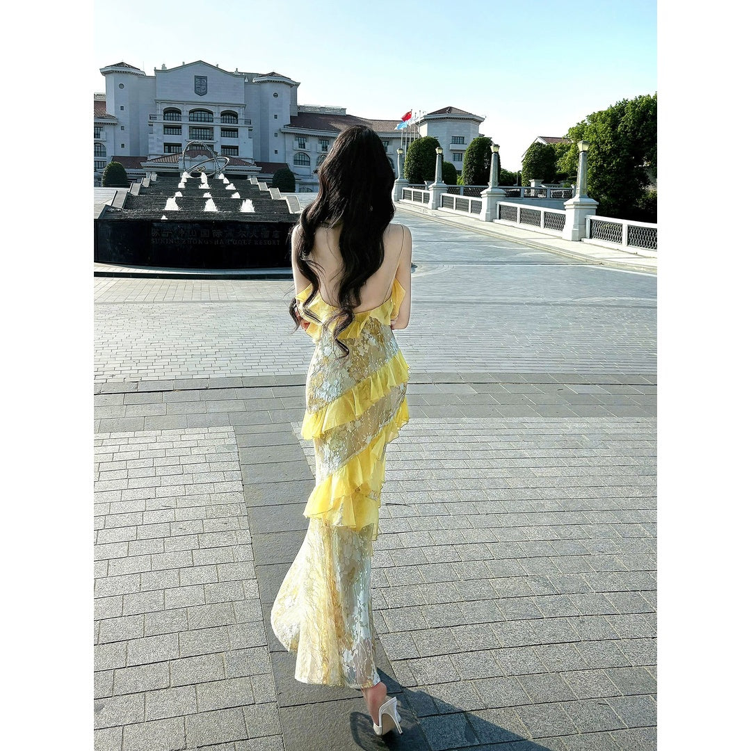 Floral Asymmetrical Ruffle Lace Halter Gown Dress