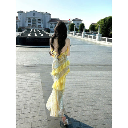 Floral Asymmetrical Ruffle Lace Halter Gown Dress