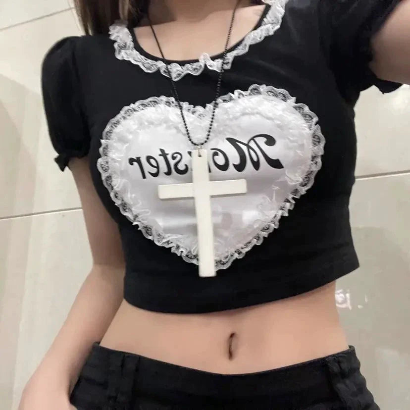Black Subculture Punk Y2K E-girl Lace Heart Short Slim Top