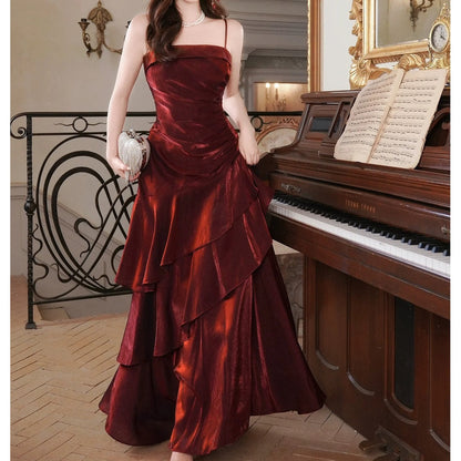 French Red Spaghetti Strap Adult Gown Dress