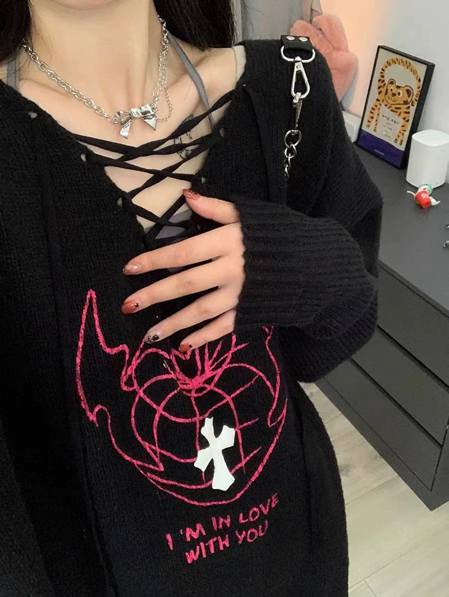 Heather Gray Camisole + Black Sweater Two-Piece Set Subculture Punk Y2K E-girl V-neck Slouchy Knit Top