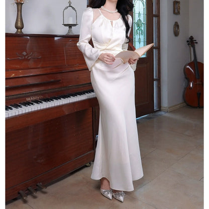 French Satin Long Sleeve Bodycon Birthday Gown Dress