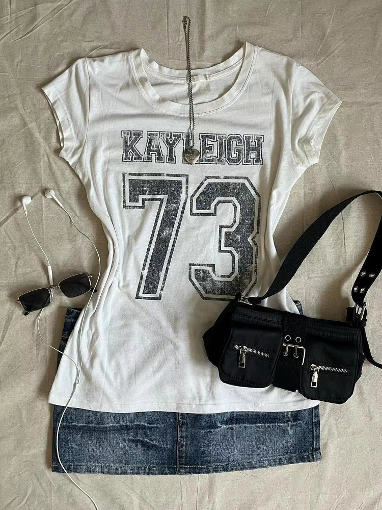 Retro White Subculture Y2K E-girl Abi American Vintage Sports Slim Short Sleeve Top