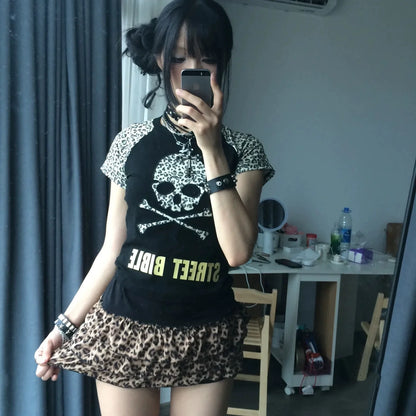 Leopard Embroidery Subculture Punk Y2K E-girl Vintage Slim Short Top