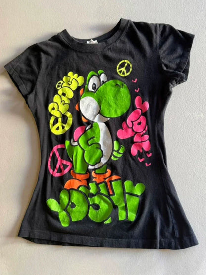 Black Subculture Y2K E-girl Abi American Retro Vintage Cartoon Print Short Sleeve Top