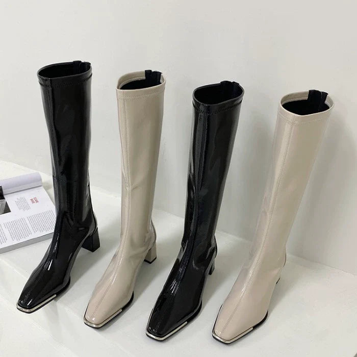 Celebrity Inspired Knee High Boots Women Spring Autumn Patent Leather High Heel Fleece Lined Knee High Biker Boots
