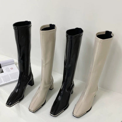 Celebrity Inspired Knee High Boots Women Spring Autumn Patent Leather High Heel Fleece Lined Knee High Biker Boots