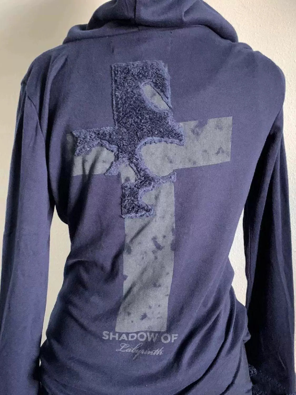 Dark Blue Lamb Wool Patchwork Hoodie Subculture Punk Y2K E-girl Retro Autumn/Winter Hooded Sweatshirt