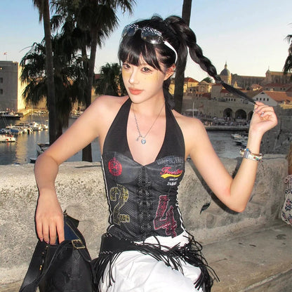 Retro Jersey Halter Crop Tank Asymmetric Hot-Girl Top