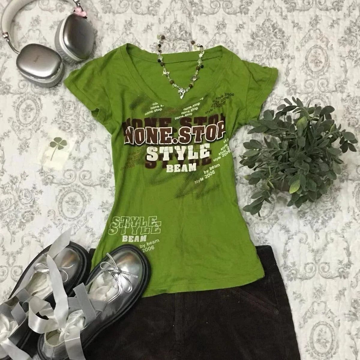 Green Misplaced Print Subculture Y2K E-girl Abi American Retro Foreign Vintage Slim Short Sleeve Top