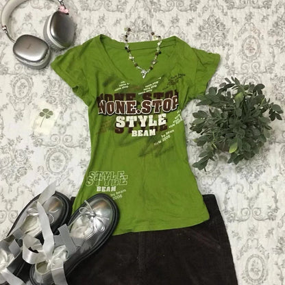 Green Misplaced Print Subculture Y2K E-girl Abi American Retro Foreign Vintage Slim Short Sleeve Top