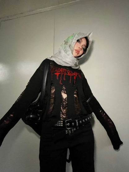 Black Subculture Gothic Rock Punk Y2K E-girl Abi Distressed Knit Long-Sleeve Top