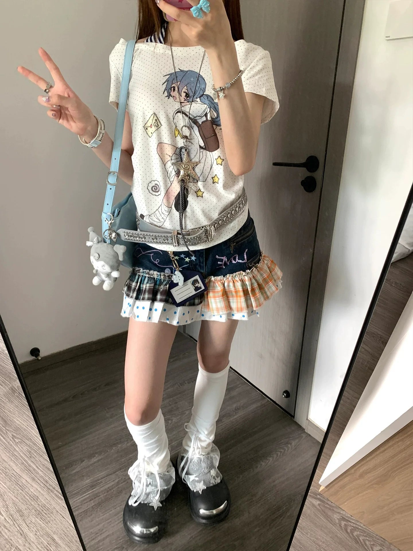 Y2K Polka Dot Halter Layered Tee Otaku Subculture Double-Layer Top