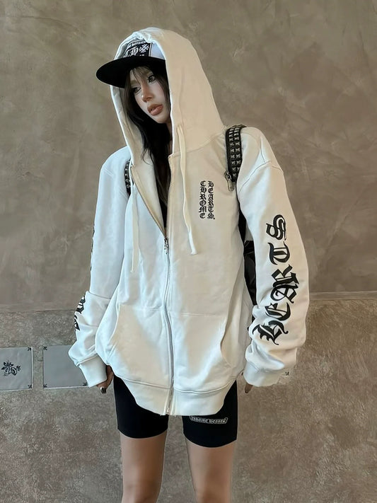 American Heavyweight Gothic Hoodie Autumn-Winter Zip-Up Pullover Letter Print Streetwear Top