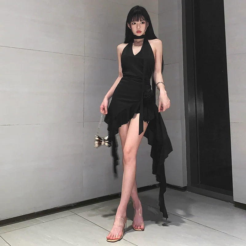 Sexy Tie-Waist V-Neck Ruffle-Paneled Asymmetrical Mini Dress