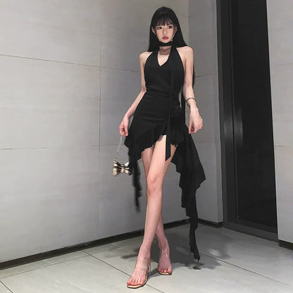 Sexy Tie-Waist V-Neck Ruffle-Paneled Asymmetrical Mini Dress