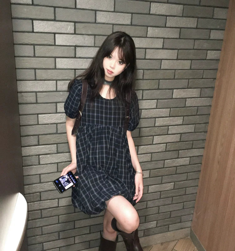 Japanese-Style Navy Plaid Baby-Doll Mini Dress