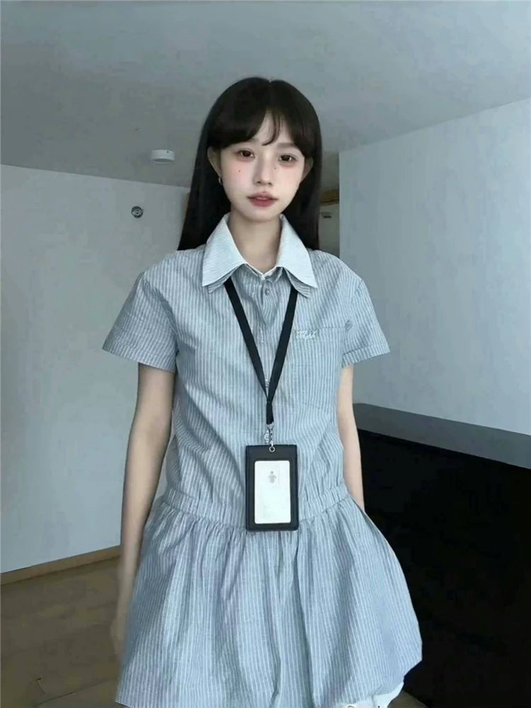 Preppy Style Fake Two-Piece Stripe Short-Sleeve Shirt Dress