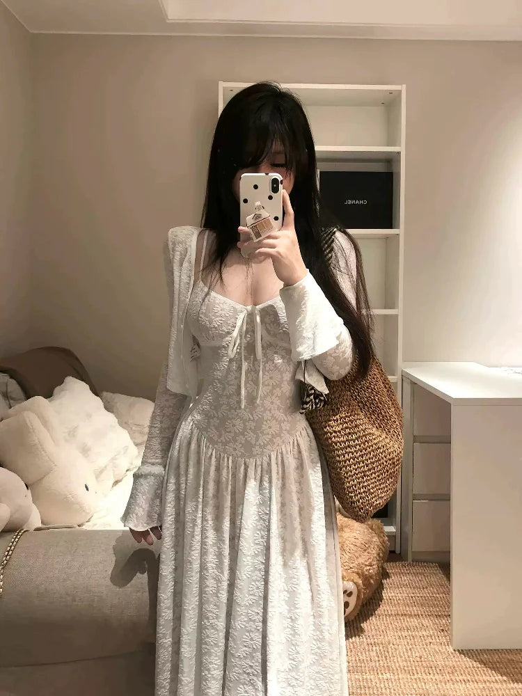 French White Lace Jacquard Cardigan & Slip Dress Set