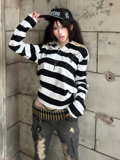 American Vintage Black & White Stripe Long Sleeve Tee Leopard Polo Top
