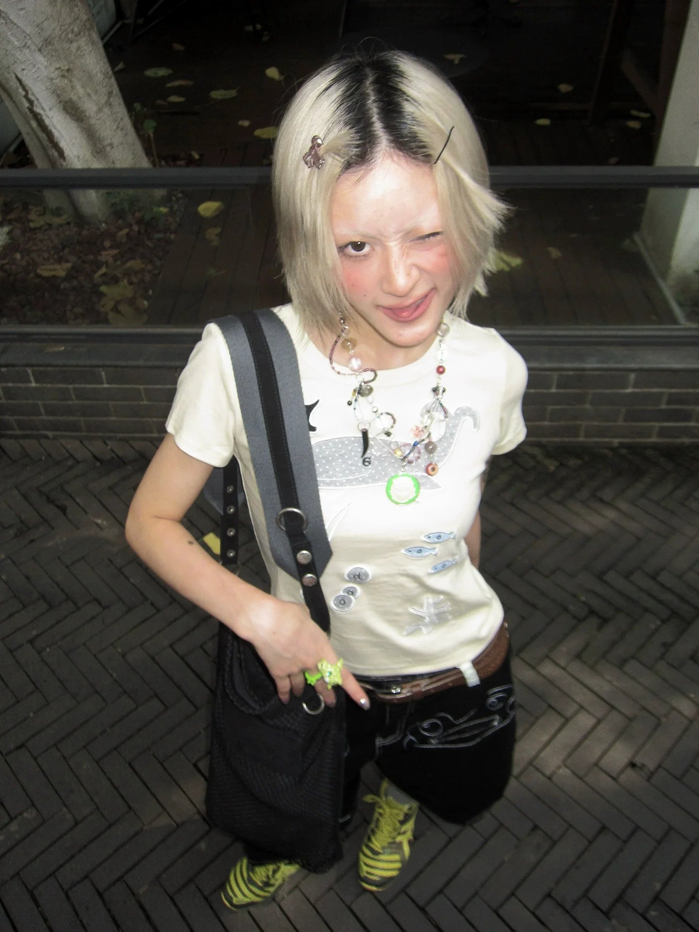 Y2K Whale Patch Embroidered Cropped Tee  Structured Shoulder Fitted Short Sleeve Top