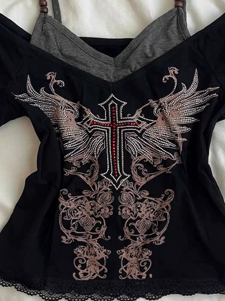 Black Fake Two-Piece Top Subculture Y2K E-girl Abi Vintage Cross Rhinestone Short Sleeve Top