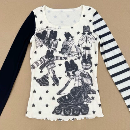 Star & Stripe Long-Sleeve Subculture Y2K E-girl Abi American Vintage Asymmetrical Slim Top