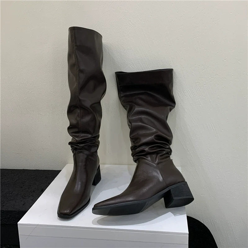 Slouchy Womens Boots Fall Winter New Over The Knee Knee High Petite Retro Brown Chunky Heel Fashion Boots