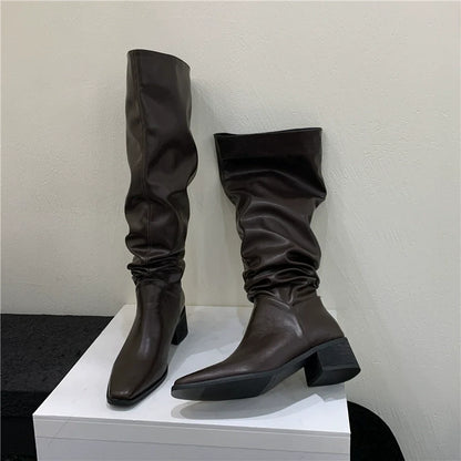 Slouchy Womens Boots Fall Winter New Over The Knee Knee High Petite Retro Brown Chunky Heel Fashion Boots