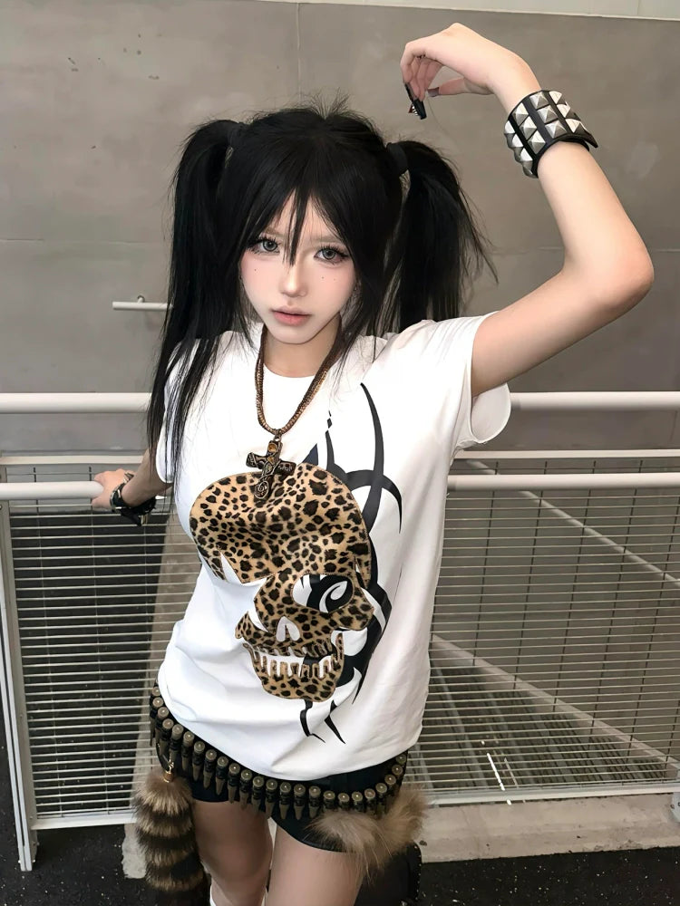 Y2K Skull Leopard Print Short Sleeve Top for Summer