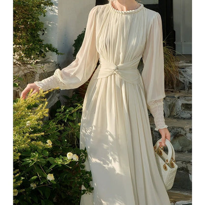 French Knot Waist Long Sleeve Chiffon Gown Dress