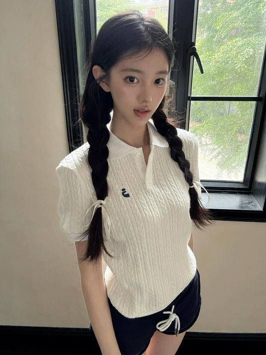 Old Money Cream Cable Knit Polo Top  Slim Fit Short Sleeve Structured Shirt