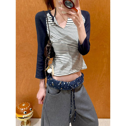 Vintage Stripe Viscose Mid Sleeve Top for Early Autumn