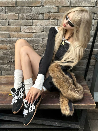 Y2K Light Asymmetric Long Sleeve Tee Autumn Colorblock Layered Top Slim Shoulder Cut